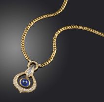 A sapphire and diamond necklace, the pendant pavé-set with brilliant-cut diamonds and channel-set