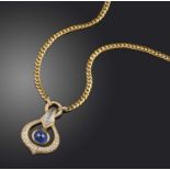 A sapphire and diamond necklace, the pendant pavé-set with brilliant-cut diamonds and channel-set