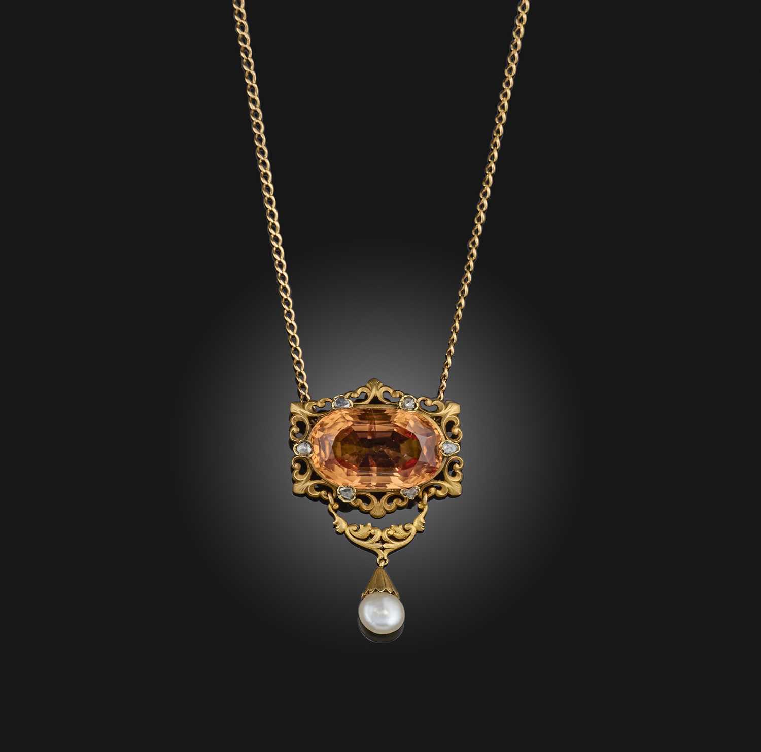 A topaz, natural pearl and diamond necklace, late 19th century, set with an oval topaz, within a