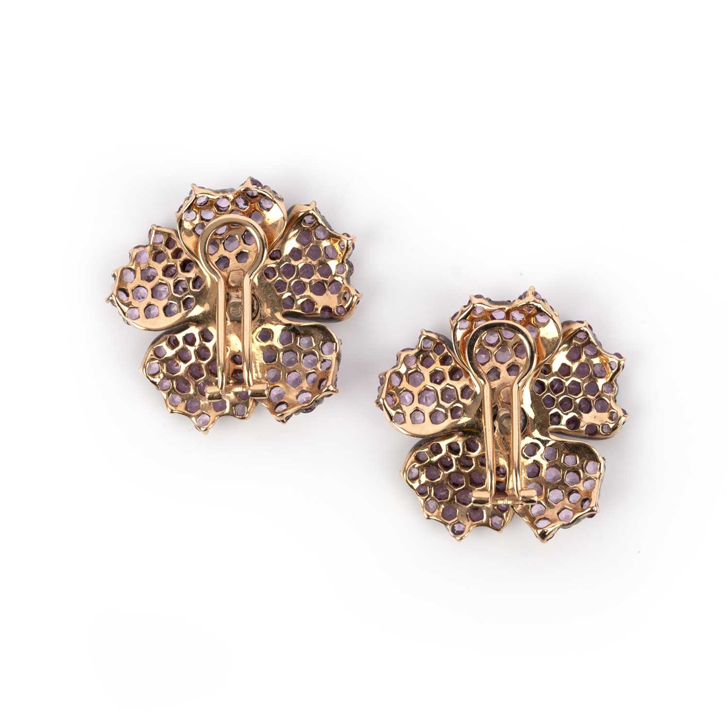 A pair of pink sapphire and diamond flower earrings, set with circular-cut diamonds and pink - Image 2 of 3