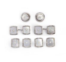 A mother of pearl and seed pearl dress set, early 20th century, comprising: a pair of cufflinks,