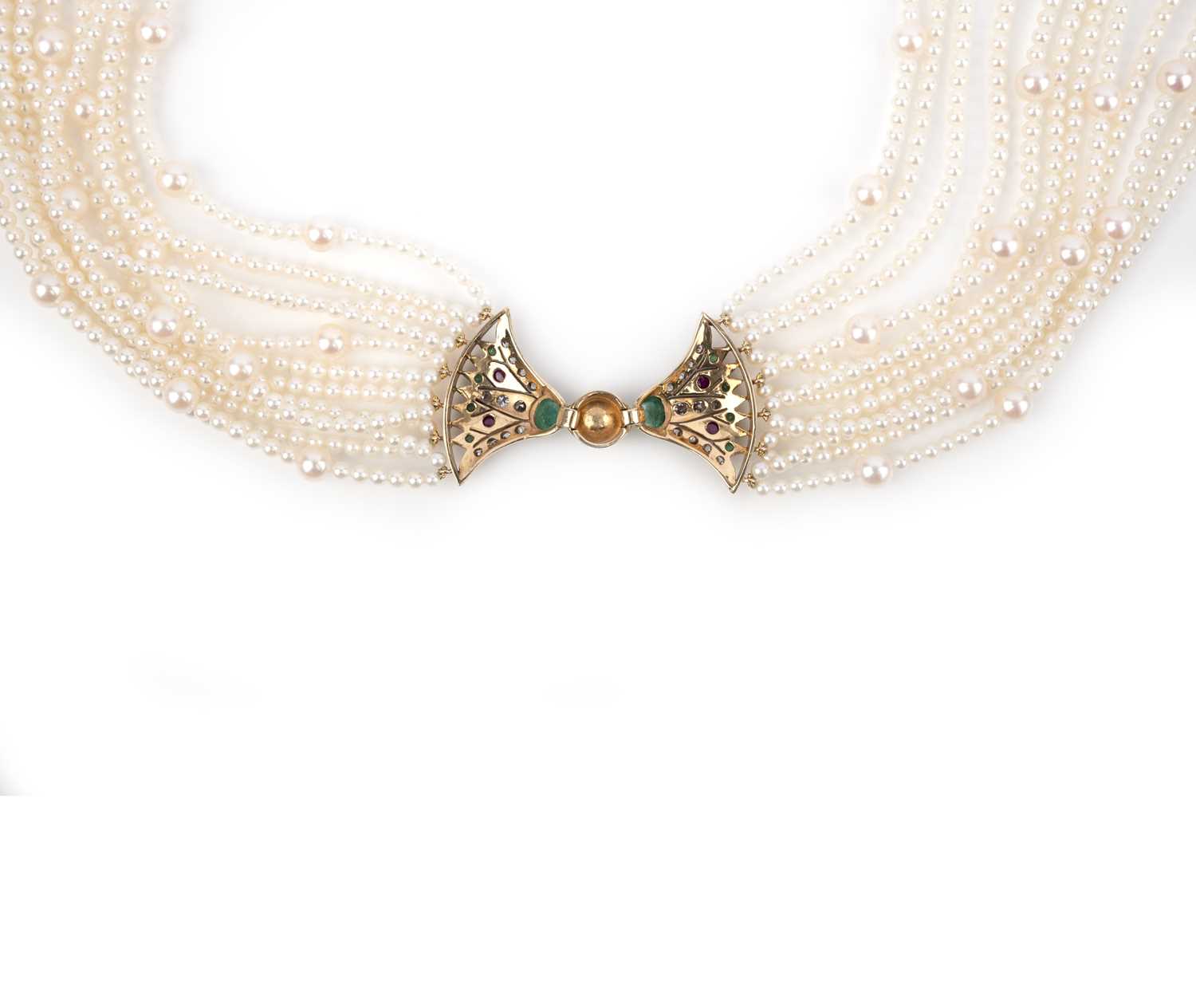 A gem-set, cultured pearl and diamond choker necklace, centring on confronted Egyptian-style lotus - Image 3 of 3