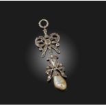 A natural pearl and diamond pendant, 18th century, designed as a ribbon bow suspending a foliate