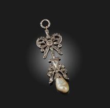 A natural pearl and diamond pendant, 18th century, designed as a ribbon bow suspending a foliate