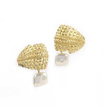 A pair of gold and cultured pearl ear clips, each composed of a gold upper section modelled as a