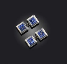 A pair of sapphire cufflinks, of square form, each set with calibré-cut sapphires within a