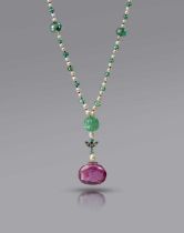 A spinel, pearl and emerald necklace, composed of a necklace threaded with pearls measuring 2.6-5.