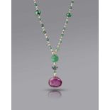 A spinel, pearl and emerald necklace, composed of a necklace threaded with pearls measuring 2.6-5.