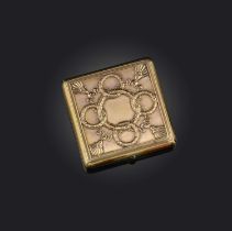 Fabergé, a silver gilt cigarette case, circa 1900, of square outline, the lid with a design of