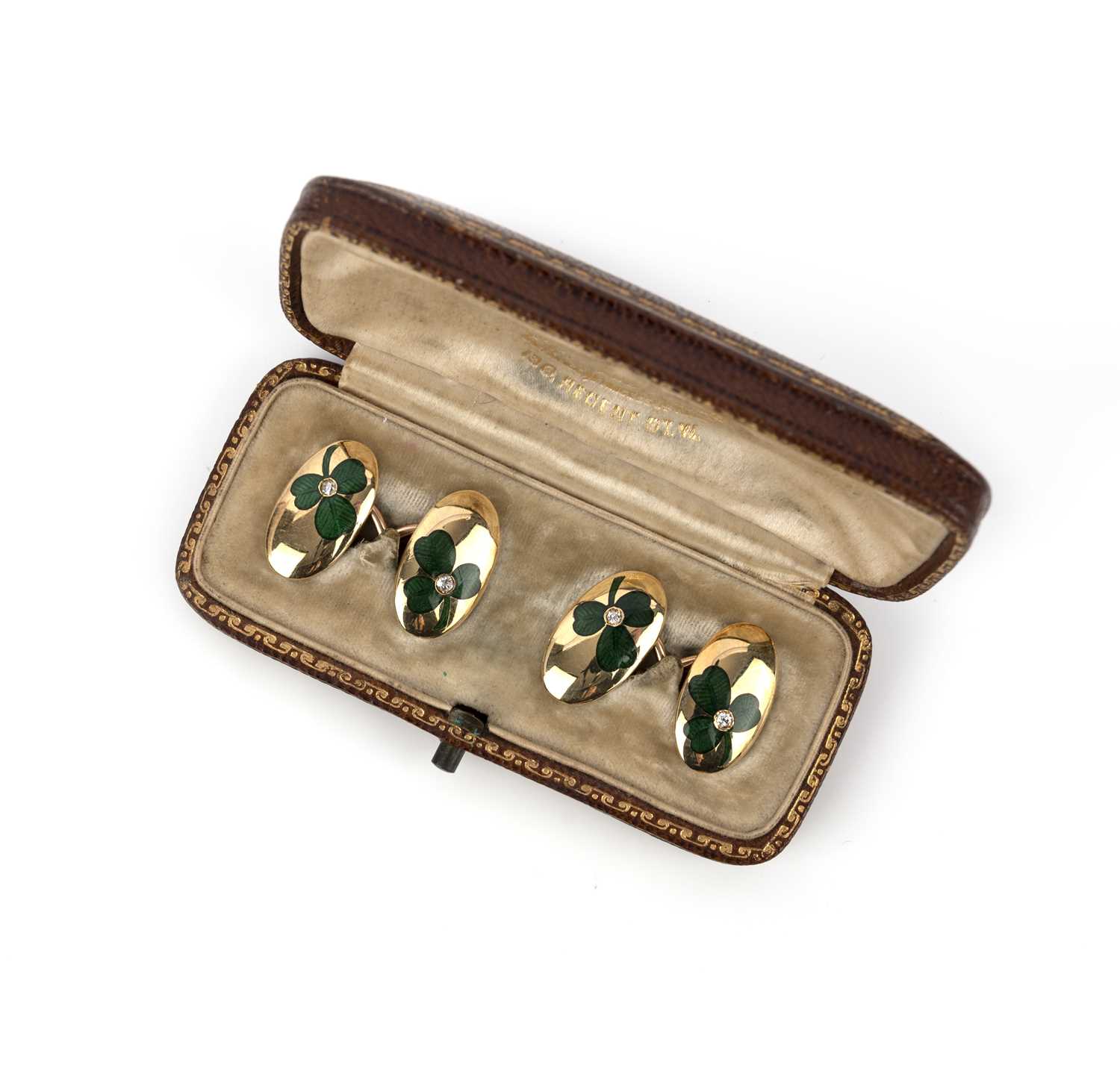 A pair of Edwardian gold cufflinks, each decorated with a green enamel shamrock set with a diamond - Image 2 of 2
