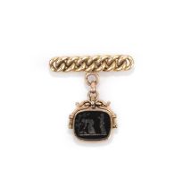 A gold and hardstone intaglio fob brooch, late 19th/early 20th century composite, the bar brooch