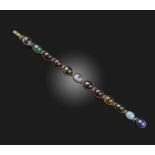 A gemstone and diamond bracelet, set with twelve cabochons of various stones including moonstone,