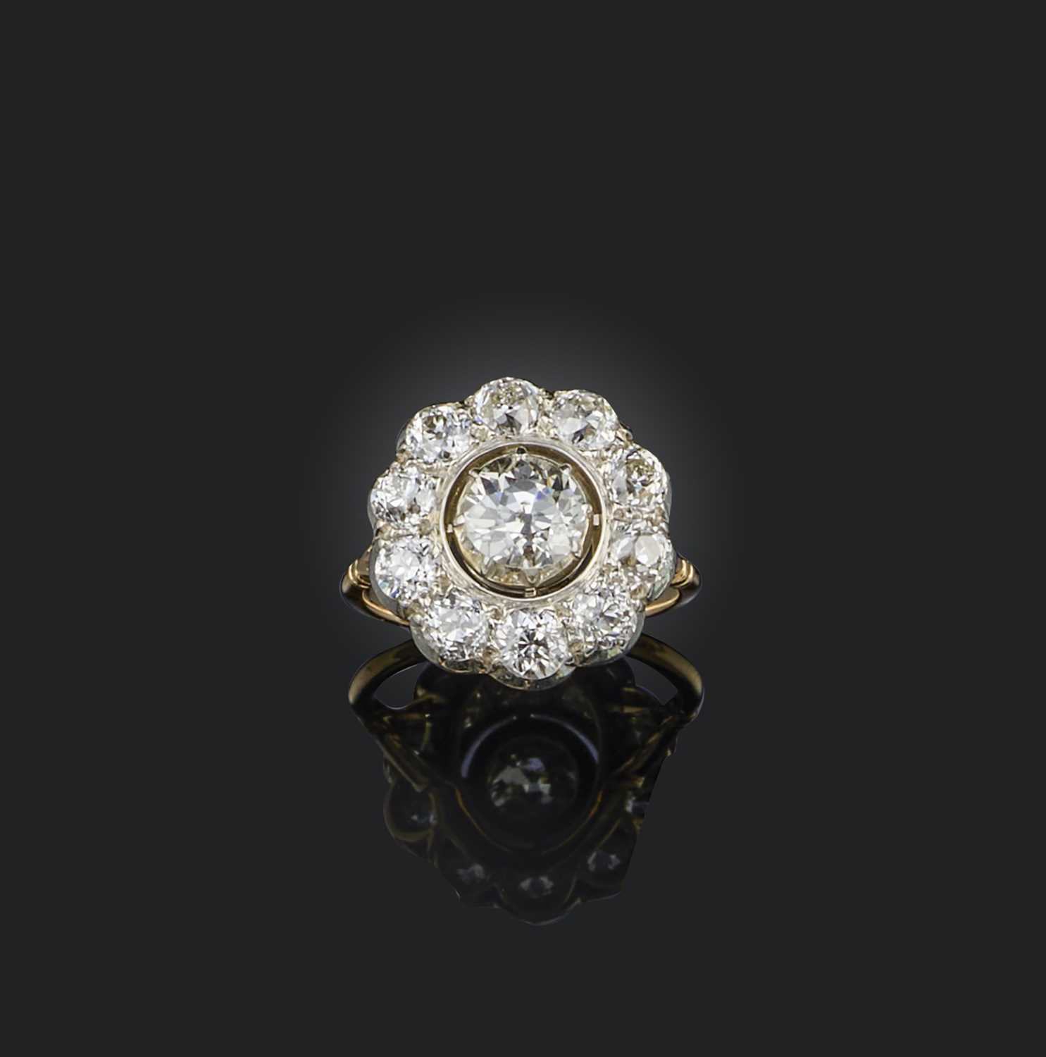 A late 19th century diamond cluster ring, set with graduated old circular-cut diamonds in silver and