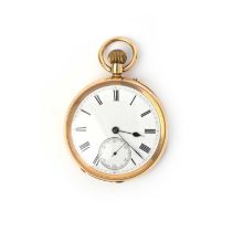 An 18ct gold pocket watch, circa 1896, open-faced design, white enamelled dial, black Roman