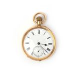 An 18ct gold pocket watch, circa 1896, open-faced design, white enamelled dial, black Roman