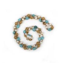 A turquoise and cultured pearl longchain necklace, composed of turquoise and cultured pearl beads,