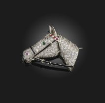 A gem-set, enamel and diamond brooch, designed as a horse's head, pavé-set with circular-cut
