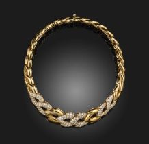 A diamond-set gold collar necklace, six of the graduated fancy links pave-set with graduated