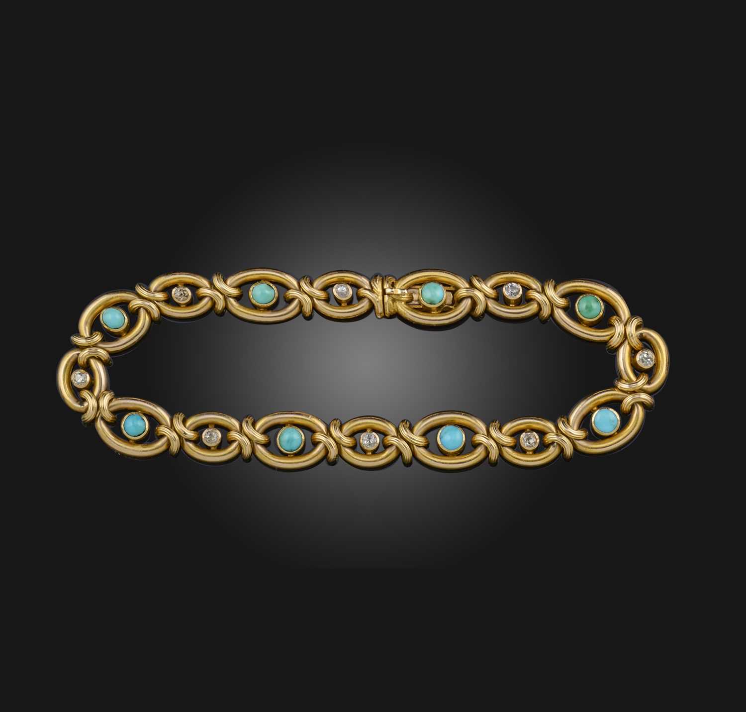 A turquoise and diamond bracelet, early 20th century, composed of navette-shaped links, each