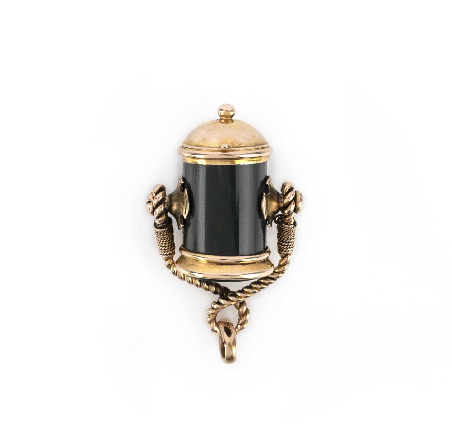 A gold and bloodstone pounce pot charm, 19th century, the cylindrical vessel in polished bloodstone, - Image 2 of 2