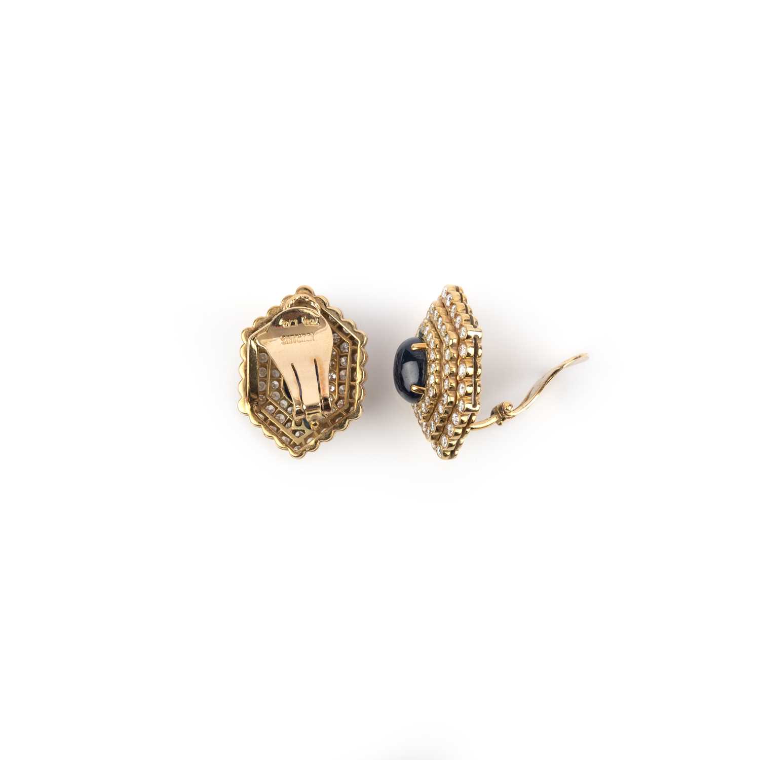 Vourakis, a pair of sapphire and diamond ear clips, each of hexagonal outline, set with cabochon - Image 3 of 3