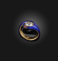 A Victorian enamel and diamond ring, mid 19th century, designed as a coiled snake applied with