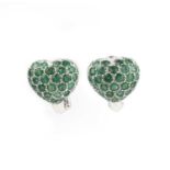 A pair of emerald earrings, each designed as a heart, pavé-set with circular-cut emeralds, mounted