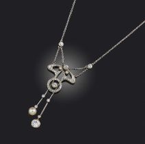 An Art Nouveau pearl and diamond pendant, circa 1900, of negligée design, set with circular-cut