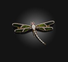 A tourmaline, ruby and diamond brooch, circa 1900, designed as a dragonfly, its wings set with