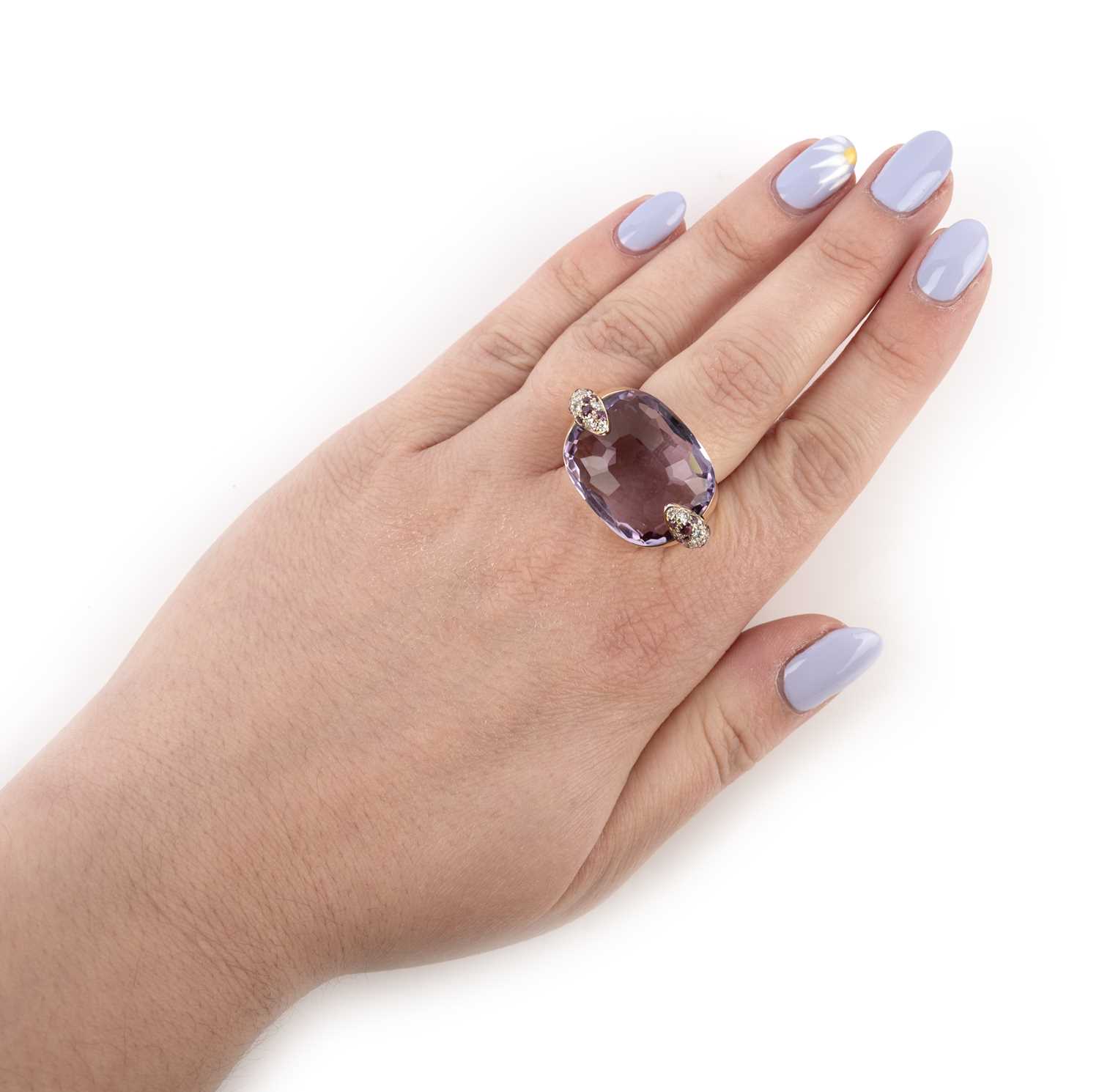 Pomellato, an amethyst, garnet and diamond ring, set with a cushion-shaped amethyst, between - Image 2 of 2