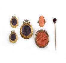 A collection of jewels, comprising: a brooch set with an amethyst cameo carved with a bust of a