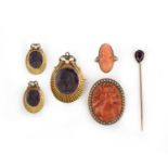 A collection of jewels, comprising: a brooch set with an amethyst cameo carved with a bust of a