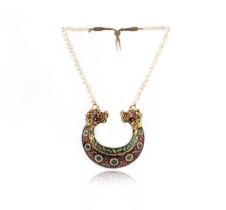 An enamel, cultured pearl and gem-set necklace, India, the filled gold pendant of horseshoe-shaped