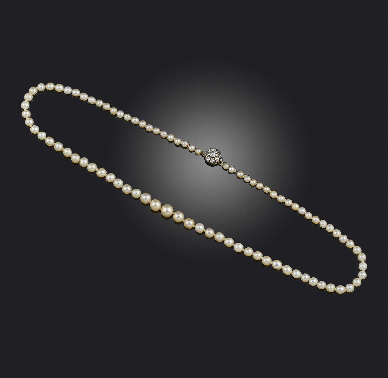 A natural pearl and diamond necklace, designed as a single strand of natural pearls measuring 2.7-