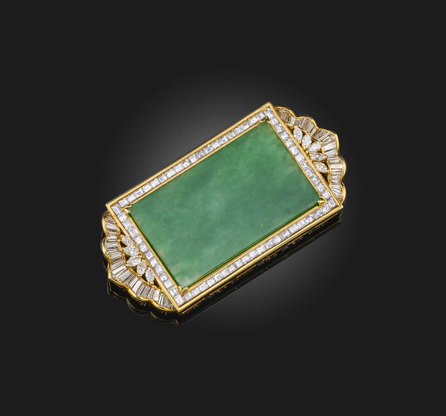 A jadeite and diamond brooch, set with a rectangular plaque of jadeite measuring approximately 3.6 x