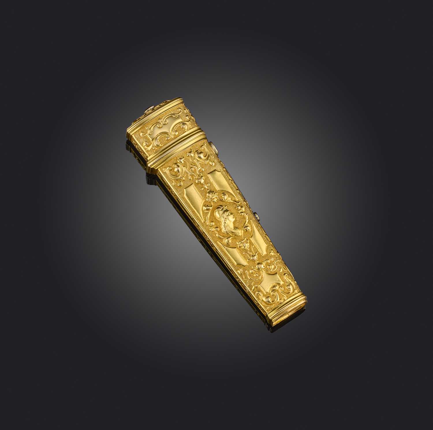 A gold and glass scent bottle and case, 19th century, the elongated glass scent bottle with a gold