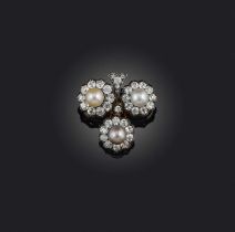 A natural pearl and diamond brooch, late 19th century, designed as a three-leaf clover, set with