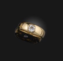 A diamond ring, rubover-set with a cushion-shaped diamond weighing approximately 0.50 carats, to a