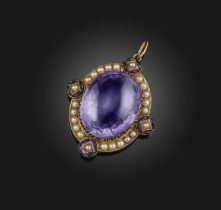 A Victorian amethyst and pearl pendant, second half 19th century, set with a large buff-topped