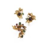 A gold, tourmaline and cultured pearl demi-parure, Vienna, 1970s, comprising: a brooch and pair of