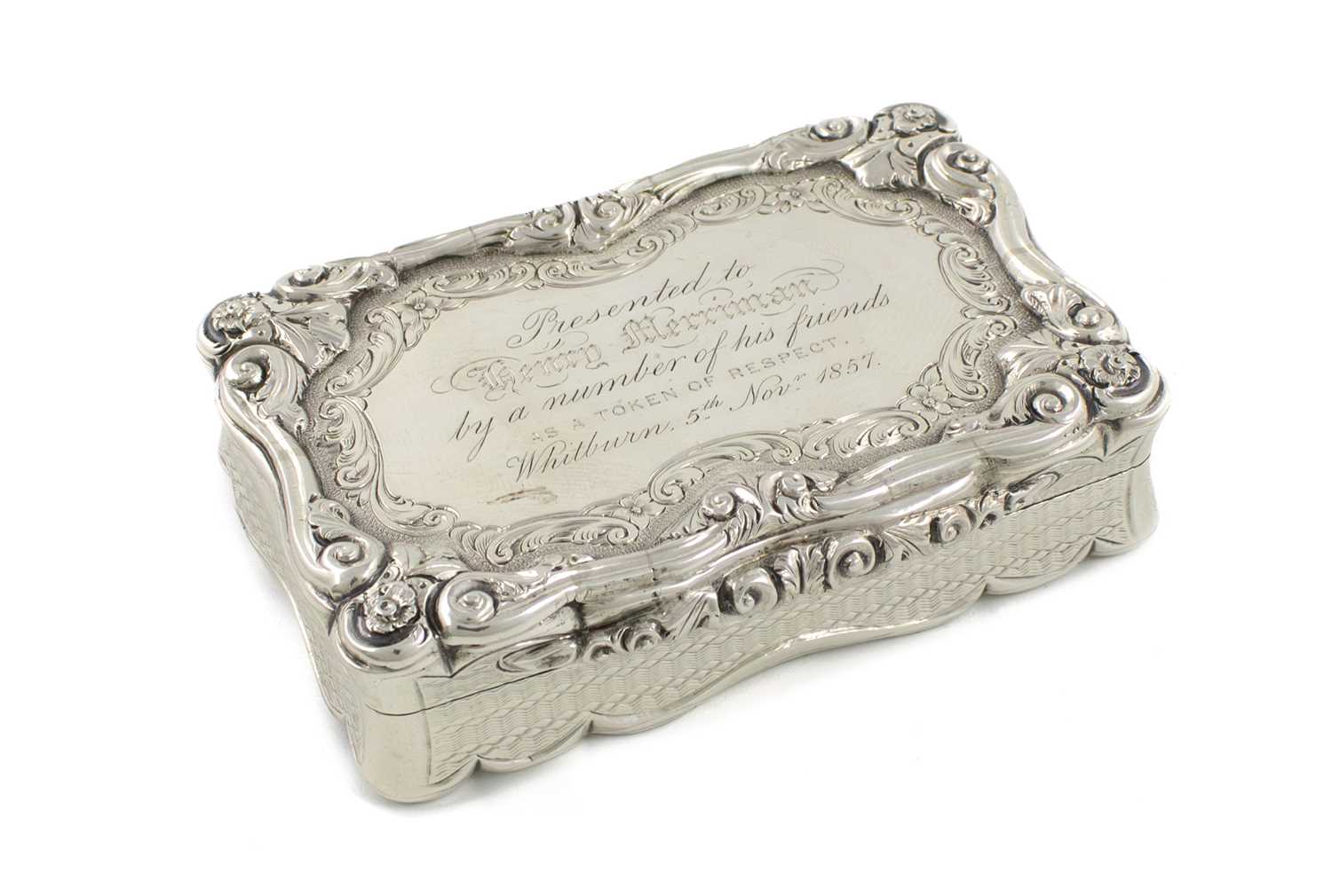 A Victorian silver presentation snuff box, by David Pettifer, Birmingham 1854, rectangular form,