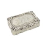 A Victorian silver presentation snuff box, by David Pettifer, Birmingham 1854, rectangular form,