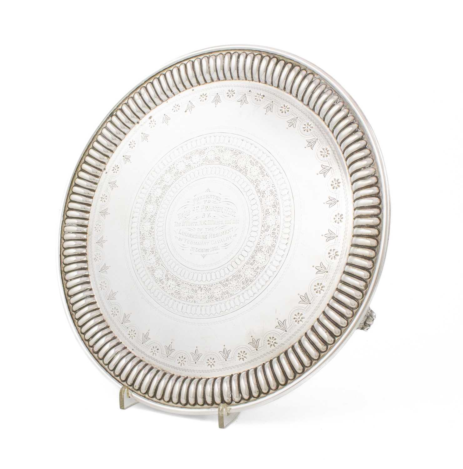 A Victorian silver presentation salver, by Martin, Hall & Co, London 1887, circular form, fluted