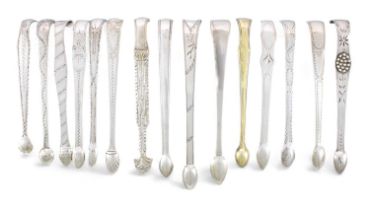 A collection of fifteen pairs of George III and George IV silver sugar tongs, various dates and