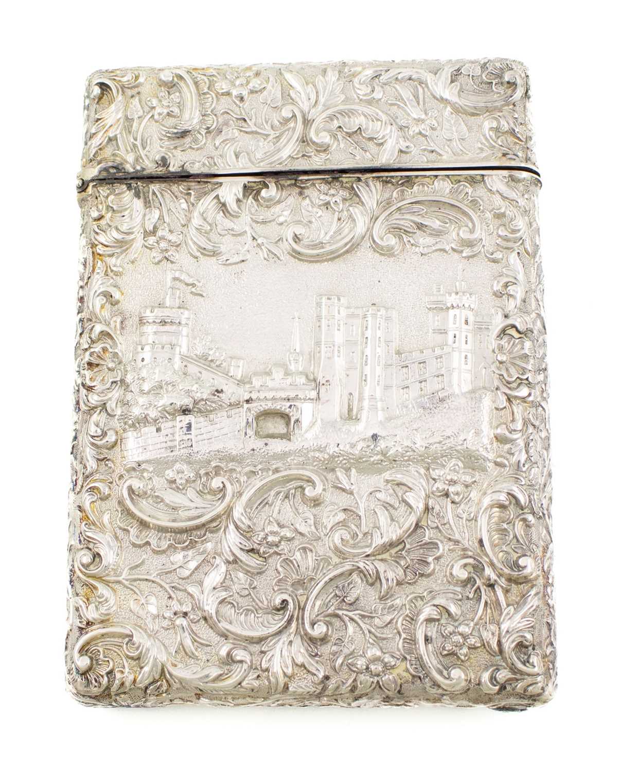 A Victorian silver double-sided 'castle-top' card case, Windsor Castle and St Paul's Cathedral, by