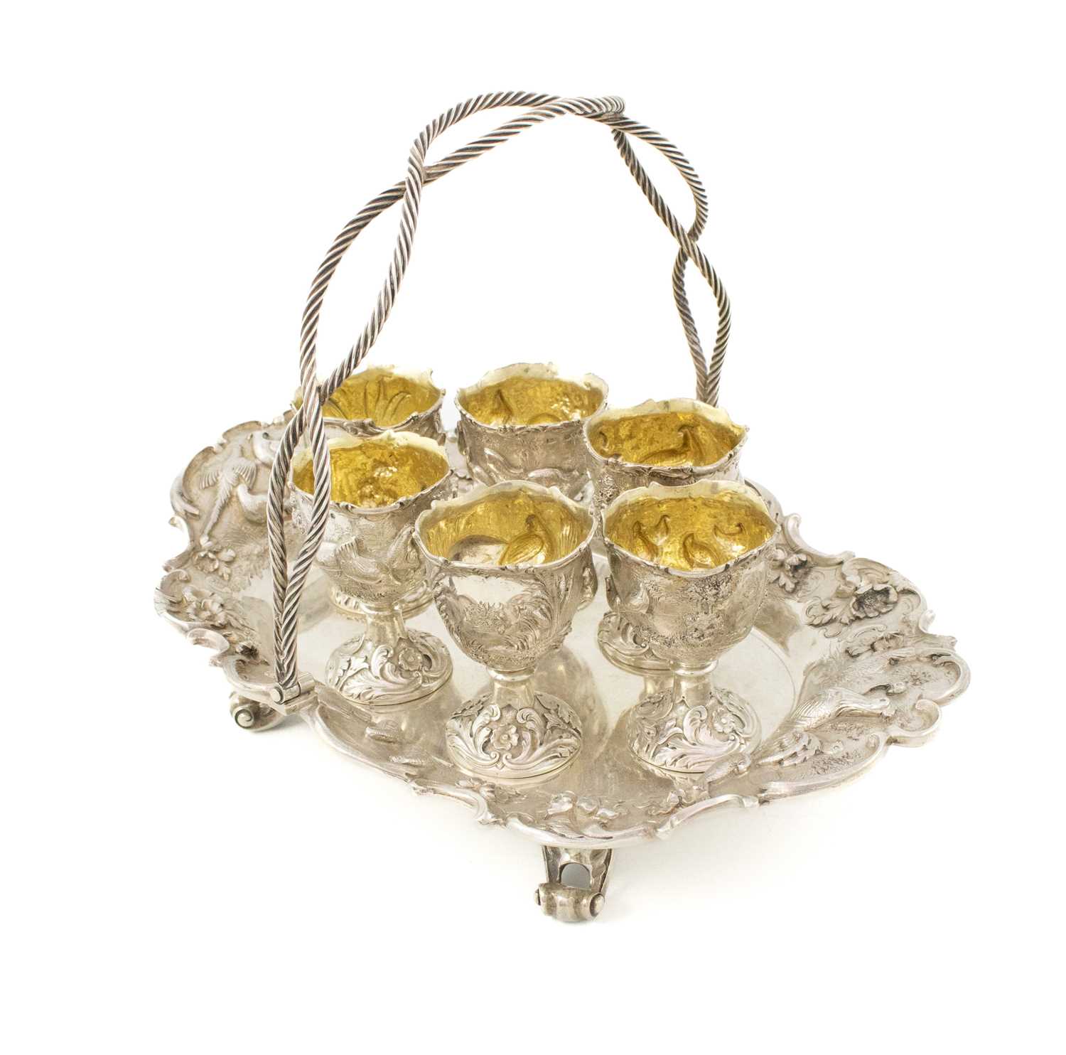 A Victorian silver six-egg cup cruet stand, by Robert Hennell, London 1855, shaped oblong form the