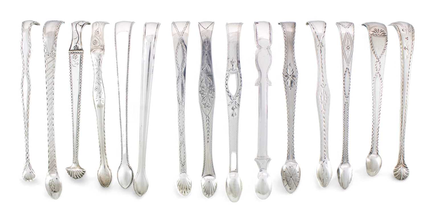 A collection of fifteen pairs of George III silver sugar tongs, various dates and makers,