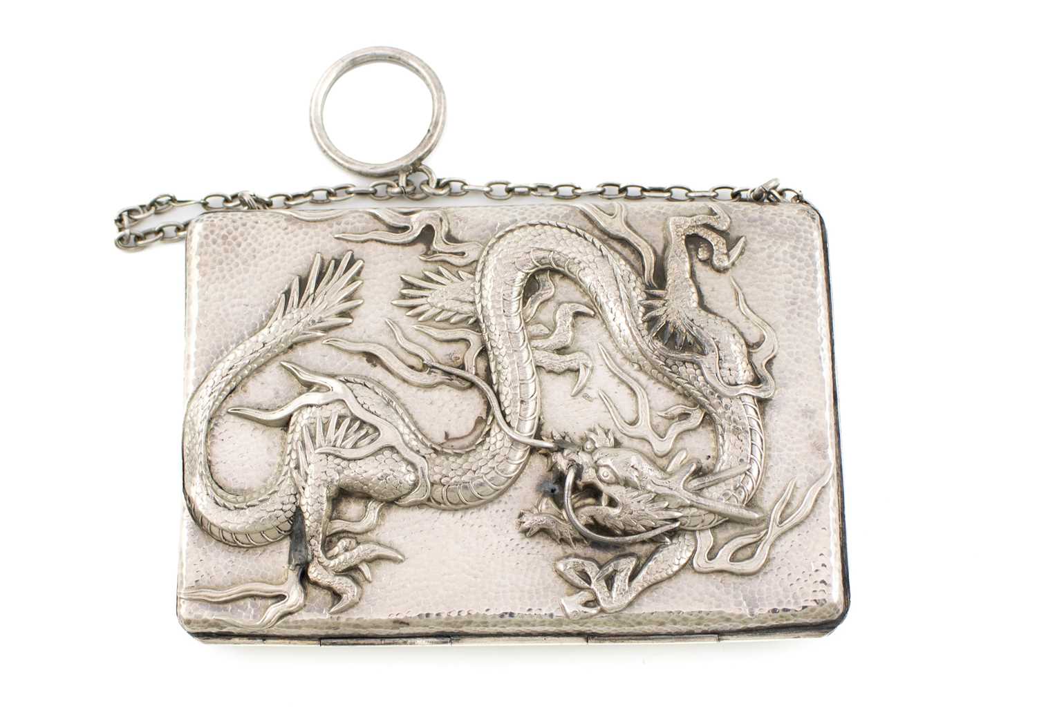 A late-19th century Chinese silver card case/purse, unmarked, rectangular form, embossed with