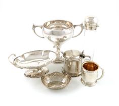 A mixed lot of silver items, comprising: a large mustard pot, London 1912, a two-handled trophy cup,