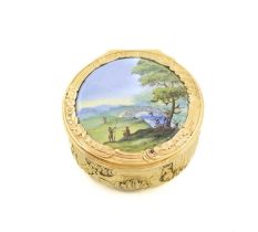 A late-18th century gold and enamel box, unmarked, circular form, the sides with chased foliate